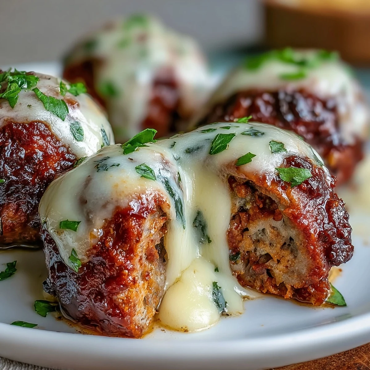 Freshly baked Baked Spicy Chicken Parm Meatballs in marinara, topped with bubbling mozzarella, served on a plate with fresh parsley garnish.