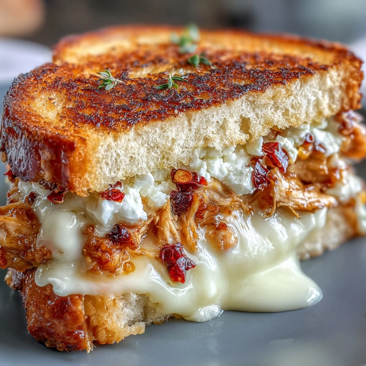 Golden, crispy sourdough slices sandwiching shredded chicken and creamy goat cheese, drizzled with hot honey and chili flakes.