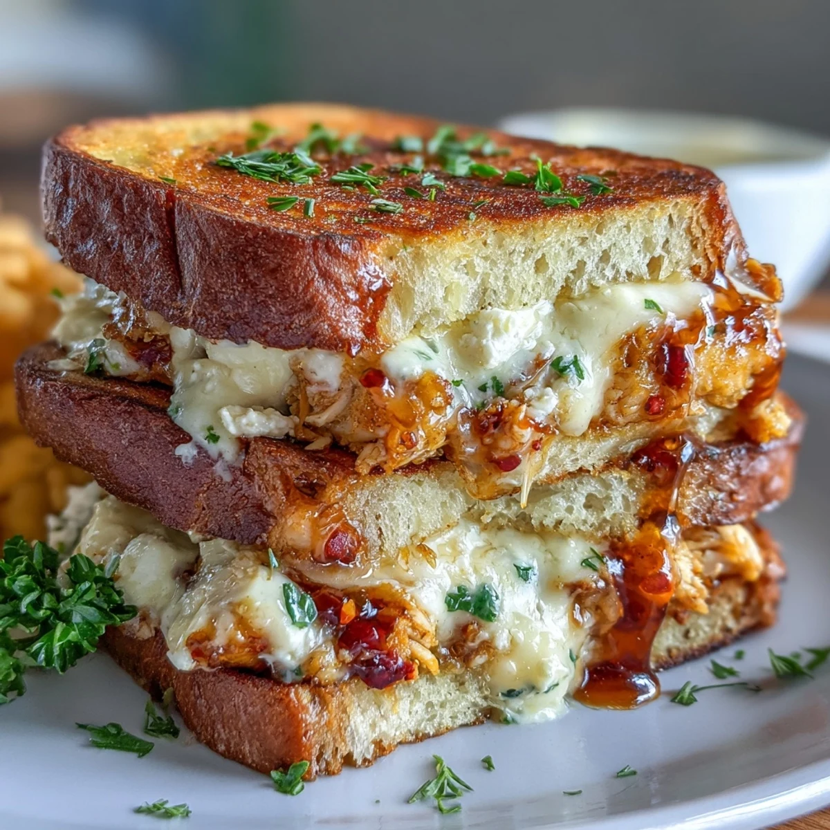 Two halves of a toasted sourdough sandwich filled with creamy goat cheese, hot honey chicken, and a sprinkle of chili flakes.