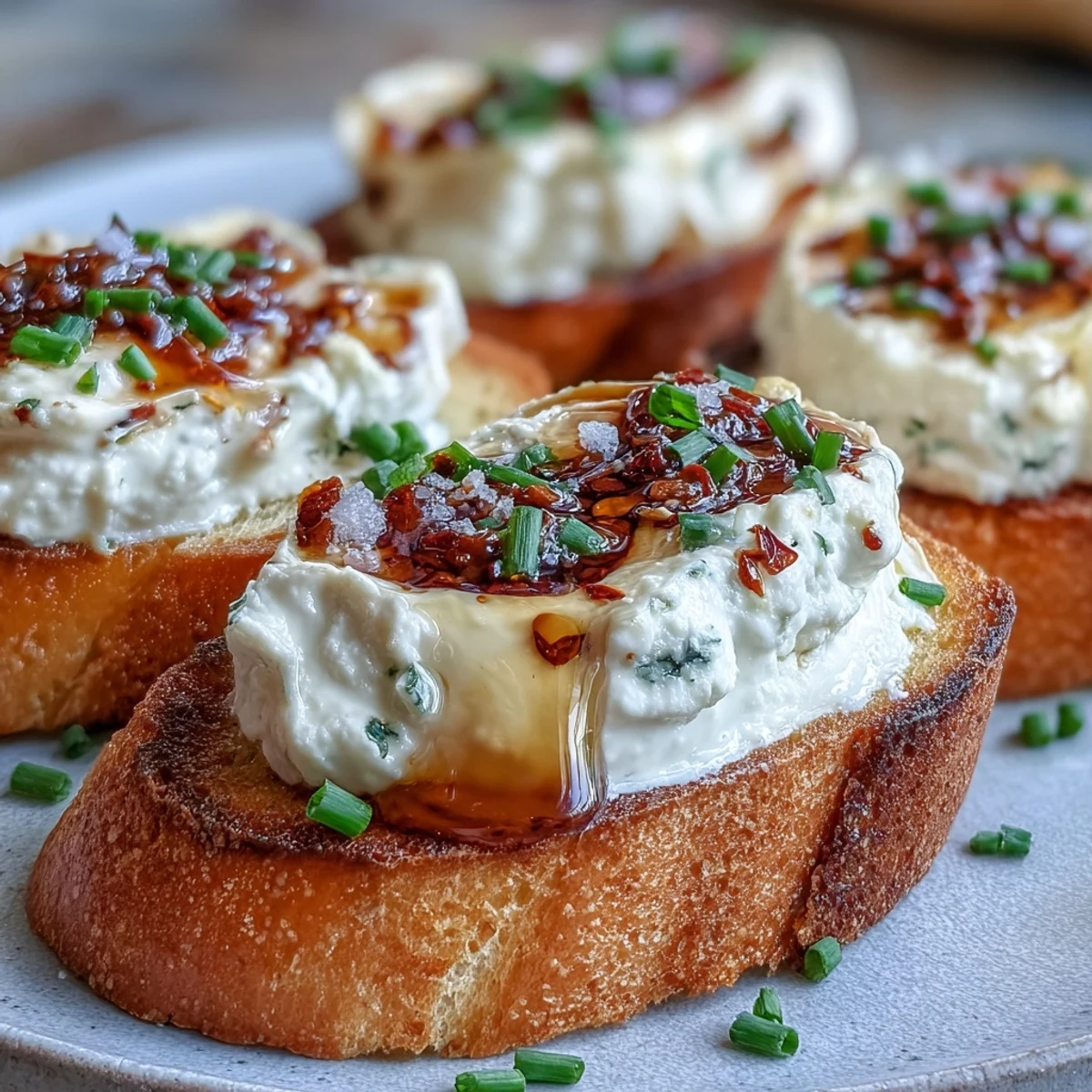 Golden-brown toasted baguette slices topped with creamy whipped goat cheese mixture and a vibrant drizzle of hot honey, garnished with fresh chives on a rustic board.