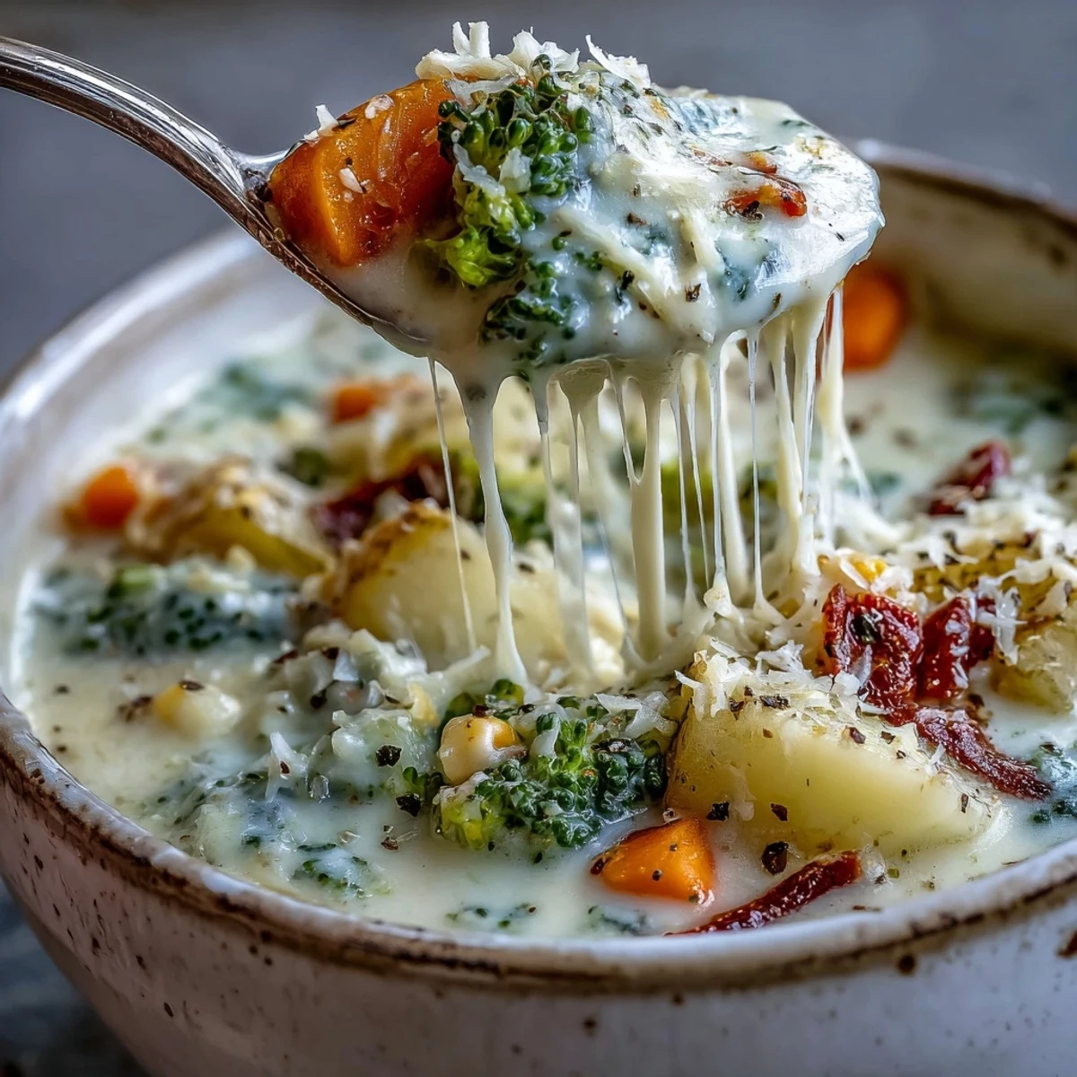 Creamy Garlic Parmesan Veggie Soup steams in a white bowl, topped with extra grated cheese and fresh parsley, served beside crusty bread.