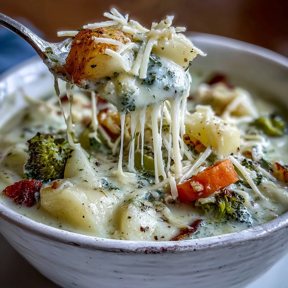 Hearty Creamy Garlic Parmesan Veggie Soup is ready to serve, garnished with thyme and mozzarella, perfect for a comforting vegetarian dinner.