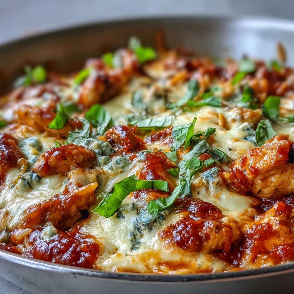 Dinner is served: one-pan creamy chicken lasagna orzo with golden Parmesan and garlic bread on the side.
