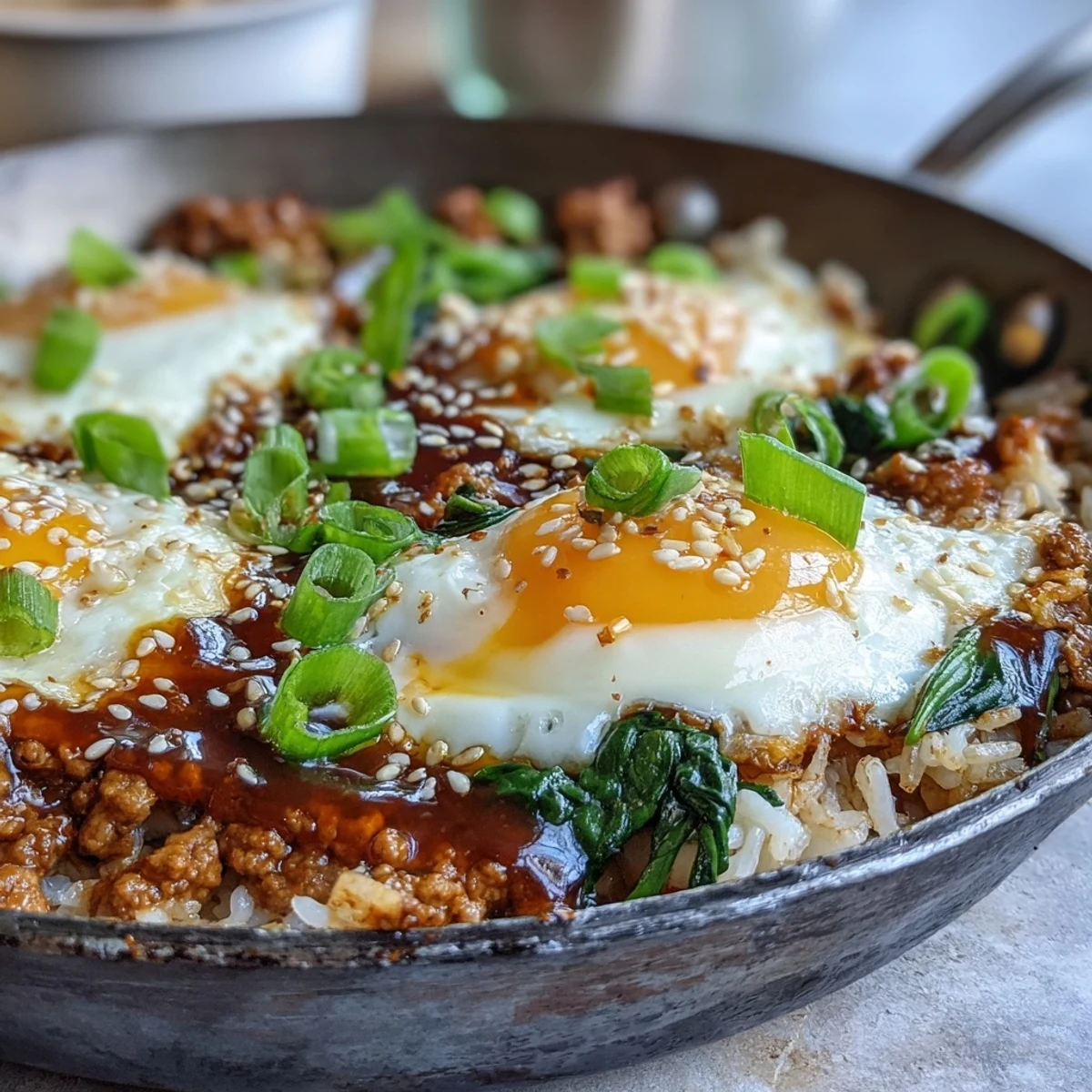 Creamy Korean Turkey Rice Skillet with a jammy egg and green onions, served steaming in a rustic bowl for dinner.