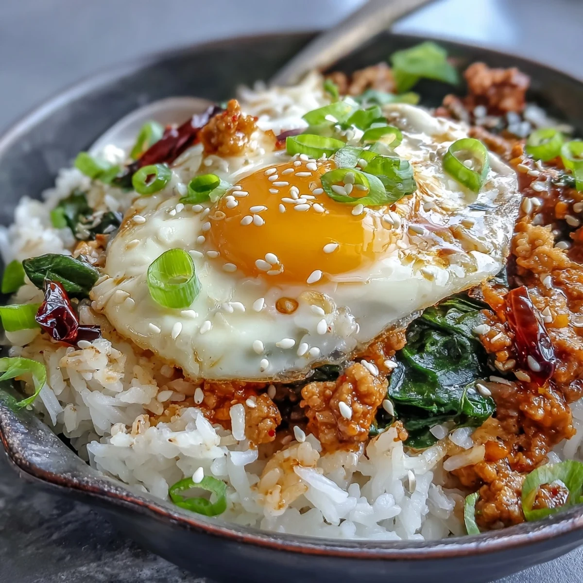 Weeknight Creamy Korean Turkey Rice Skillet topped with halved jammy eggs, sesame seeds, and kimchi alongside for serving.