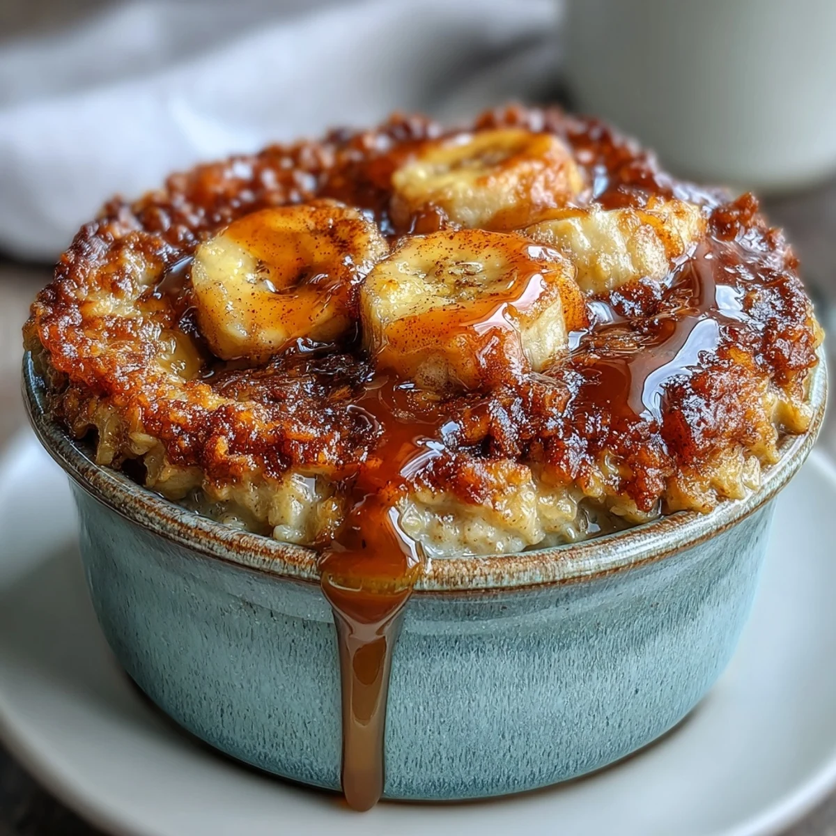 Golden Cinnamon Swirl Protein Banana Baked Oats topped with creamy Greek yogurt and chopped walnuts for crunch.