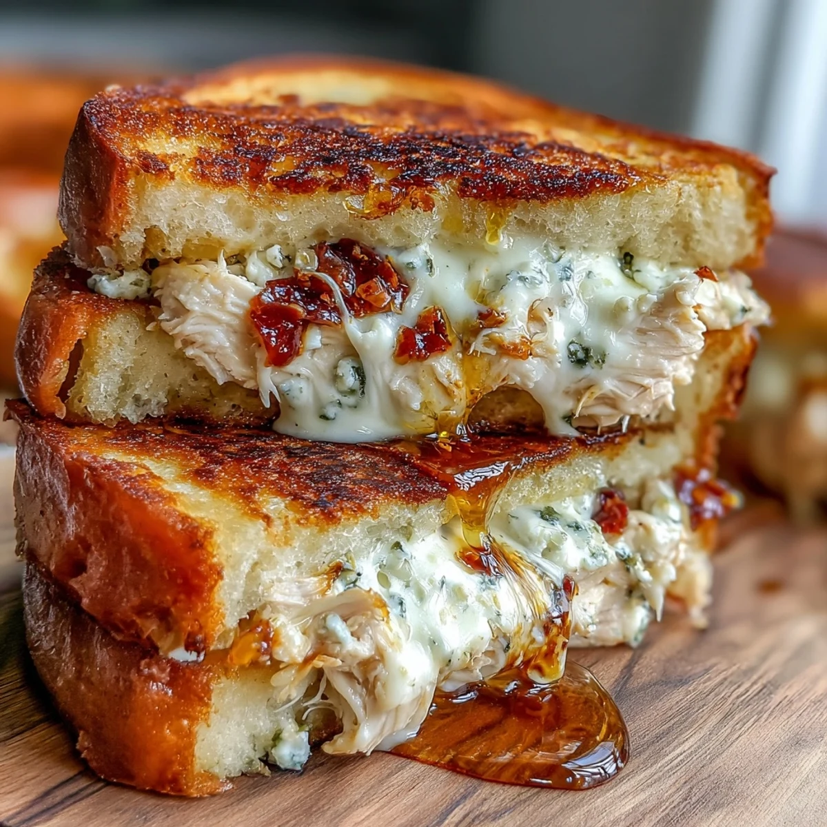 Goat Cheese & Hot Honey Chicken Grilled Cheese sandwich sliced in half on a wooden board, showcasing melty, gooey cheese and juicy shredded chicken.
