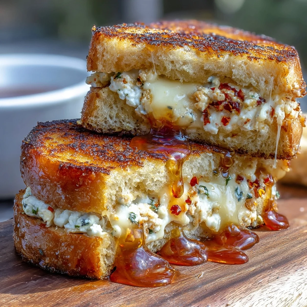 A golden, crispy sourdough grilled cheese filled with shredded chicken, creamy goat cheese, and a drizzle of spicy hot honey on top.