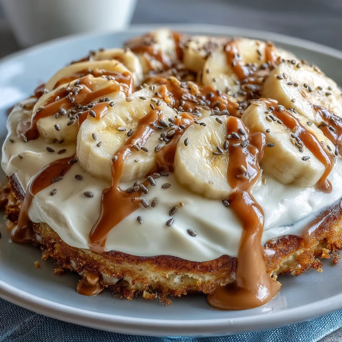 Golden pancake base, fresh banana slices, and peanut butter drizzle on a High-Protein Breakfast Pizza Bowl.