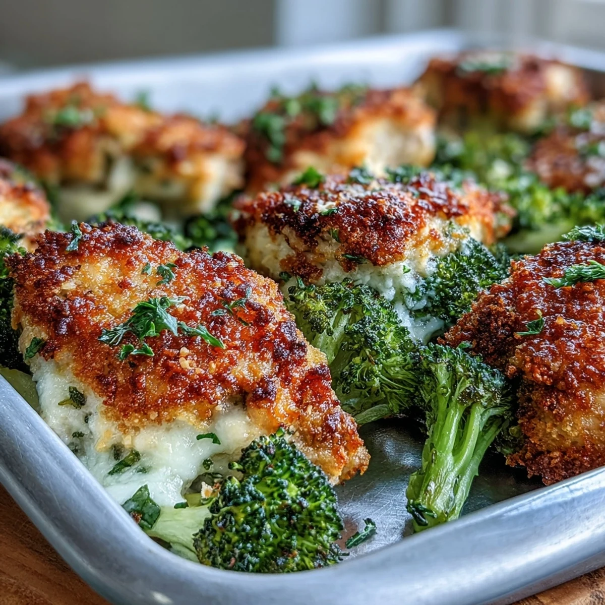 Sizzling Crispy Parmesan Broccoli & Chicken Trays fresh from the oven with lemon zest.