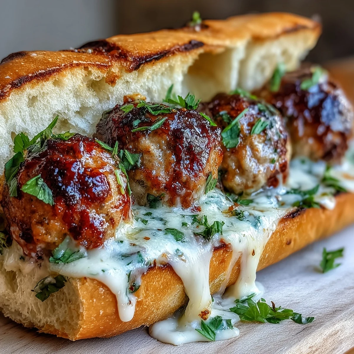 Toasted sub rolls brimming with garlic Parmesan turkey meatballs, drizzled with creamy sauce and garnished with fresh parsley for a hearty meal.