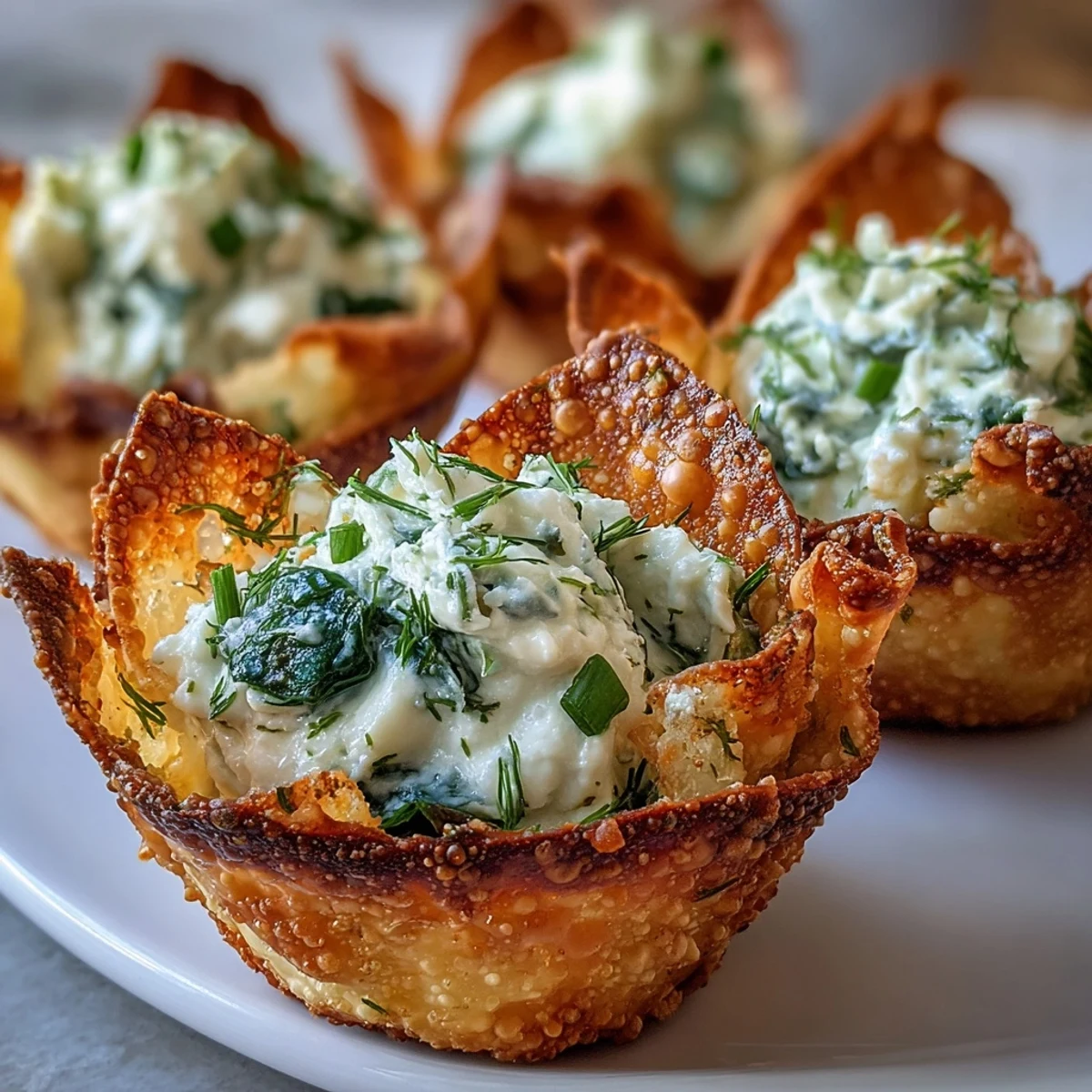 Golden Crispy Spinach Feta Wonton Cups fresh from the oven, garnished with dill.