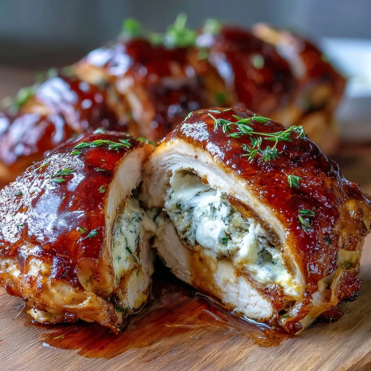 Four golden-brown Hot Honey Ricotta Stuffed Chicken breasts arranged on a rustic wooden board, glistening with a sweet-spicy glaze. A small bowl of extra hot honey drizzle and fresh basil leaves sit nearby, perfect for serving inspiration. 