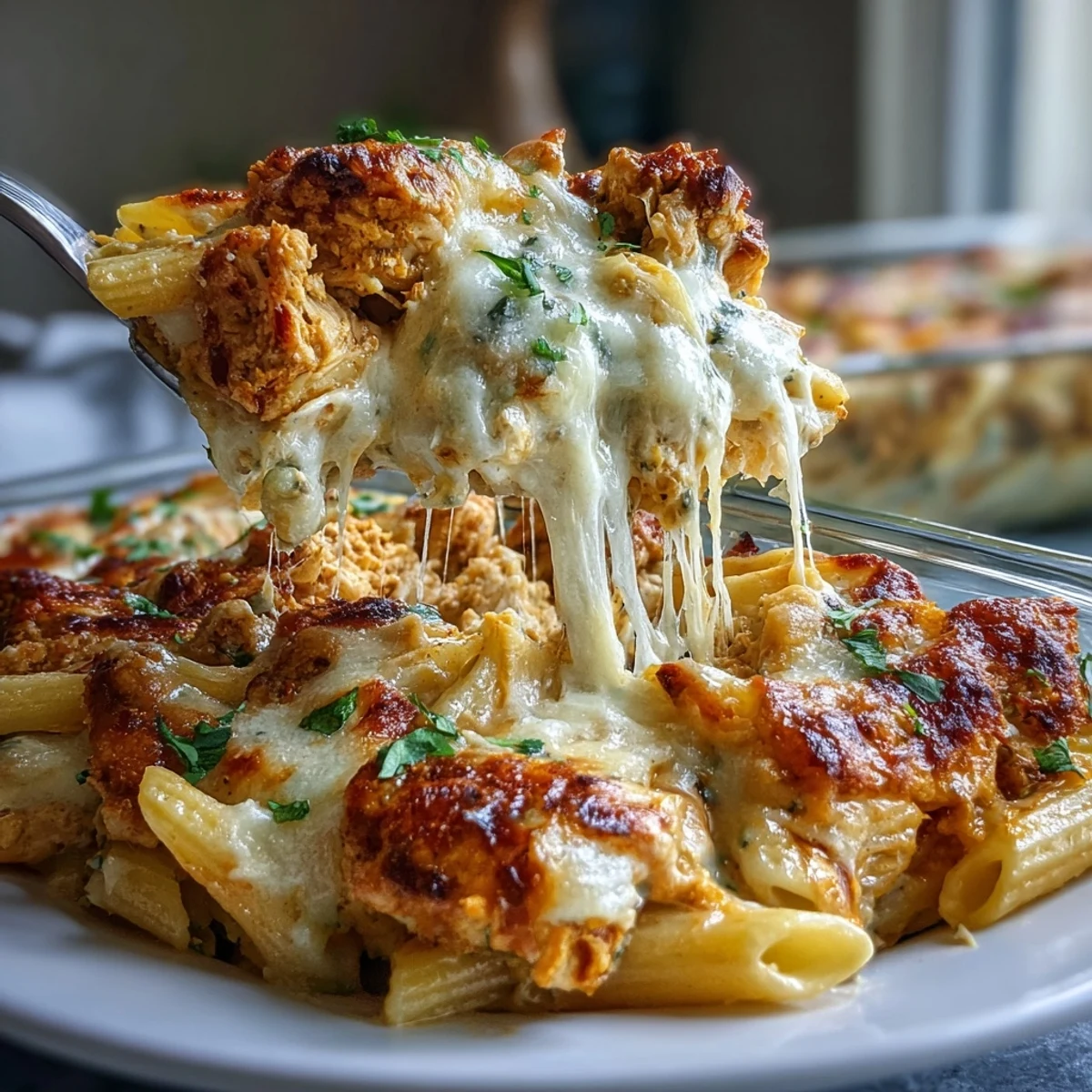 Steam rises from a forkful of spicy penne with shredded chicken and melty cheese in a baking dish. 