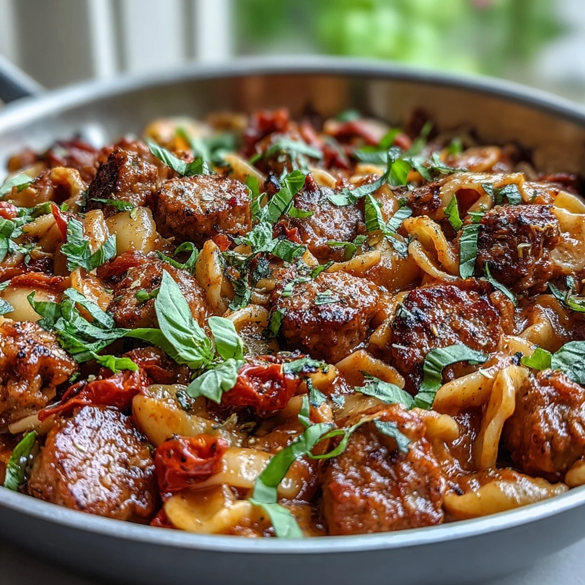 Creamy One-Pot Red Wine Sausage Pasta with Italian sausage and al dente penne in a rich tomato sauce, garnished with fresh basil.