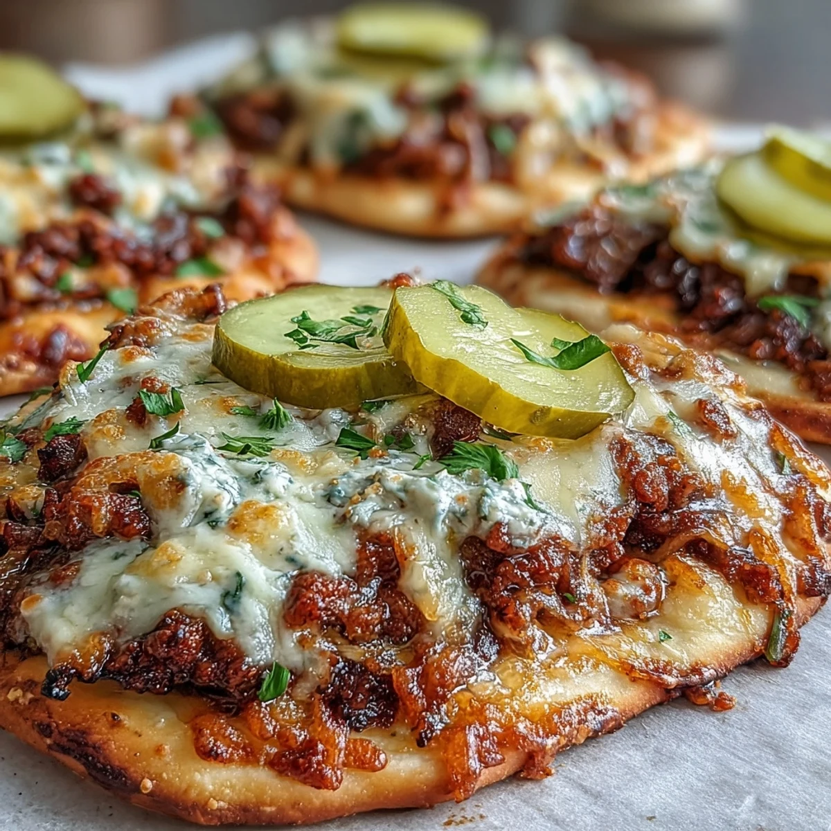 Golden, bubbly cheddar cheese sauce melts over savory seasoned beef on crispy garlic naan, topped with dill pickle slices for a cheeseburger twist.