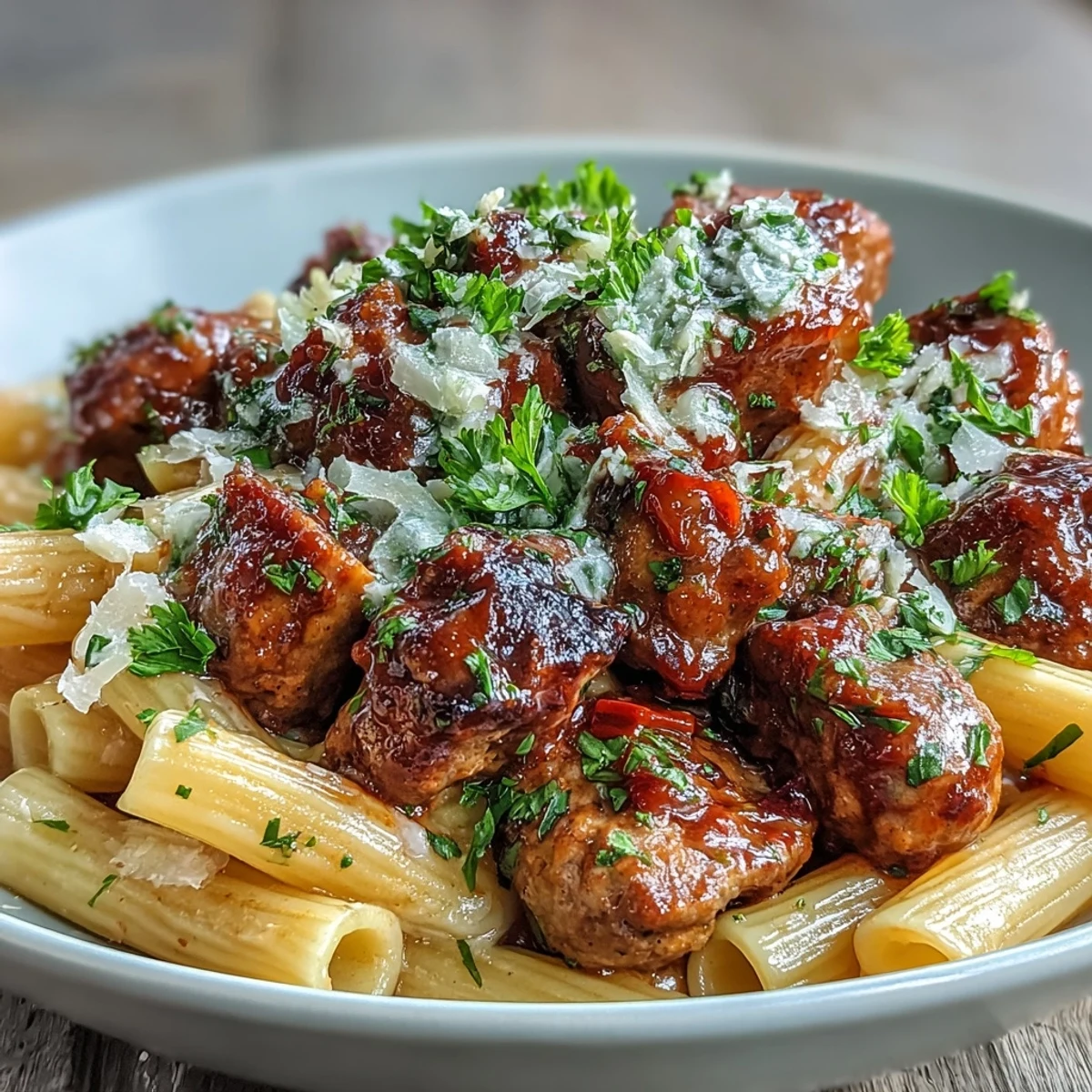 A close look at the hearty One-Pot Creamy Red Wine Sausage Pasta served steaming hot, ready to eat.