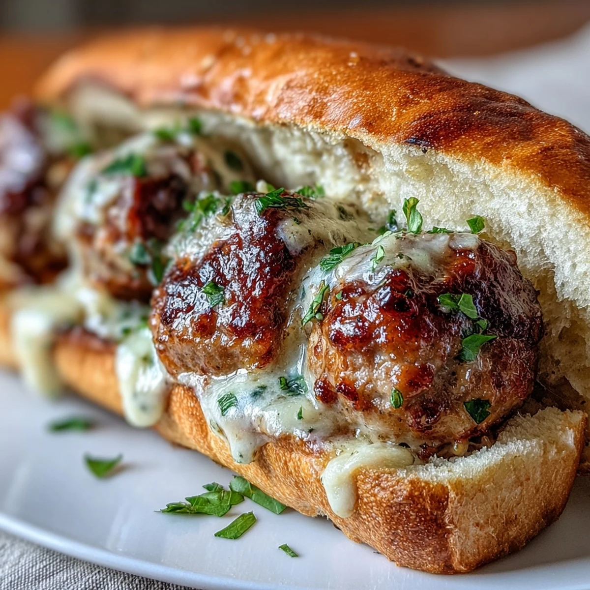 Golden-brown turkey meatballs in creamy garlic Parmesan sauce, nestled inside a toasted sub roll with melted mozzarella.