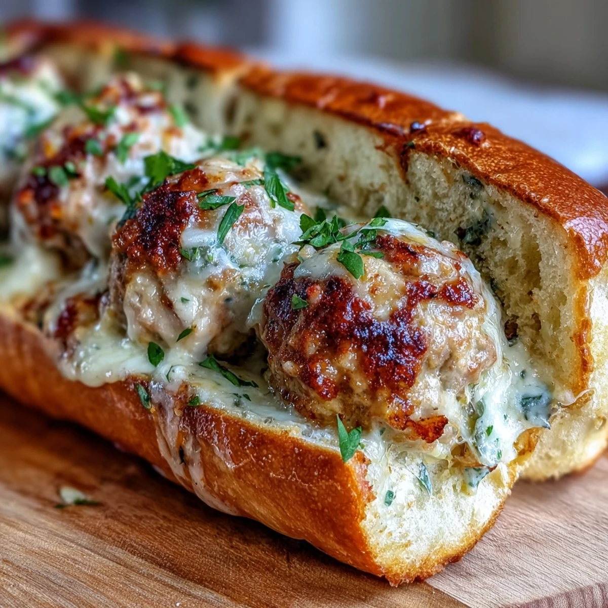 Four toasted sub rolls stuffed with juicy turkey meatballs, garnished with fresh parsley and ready to serve.