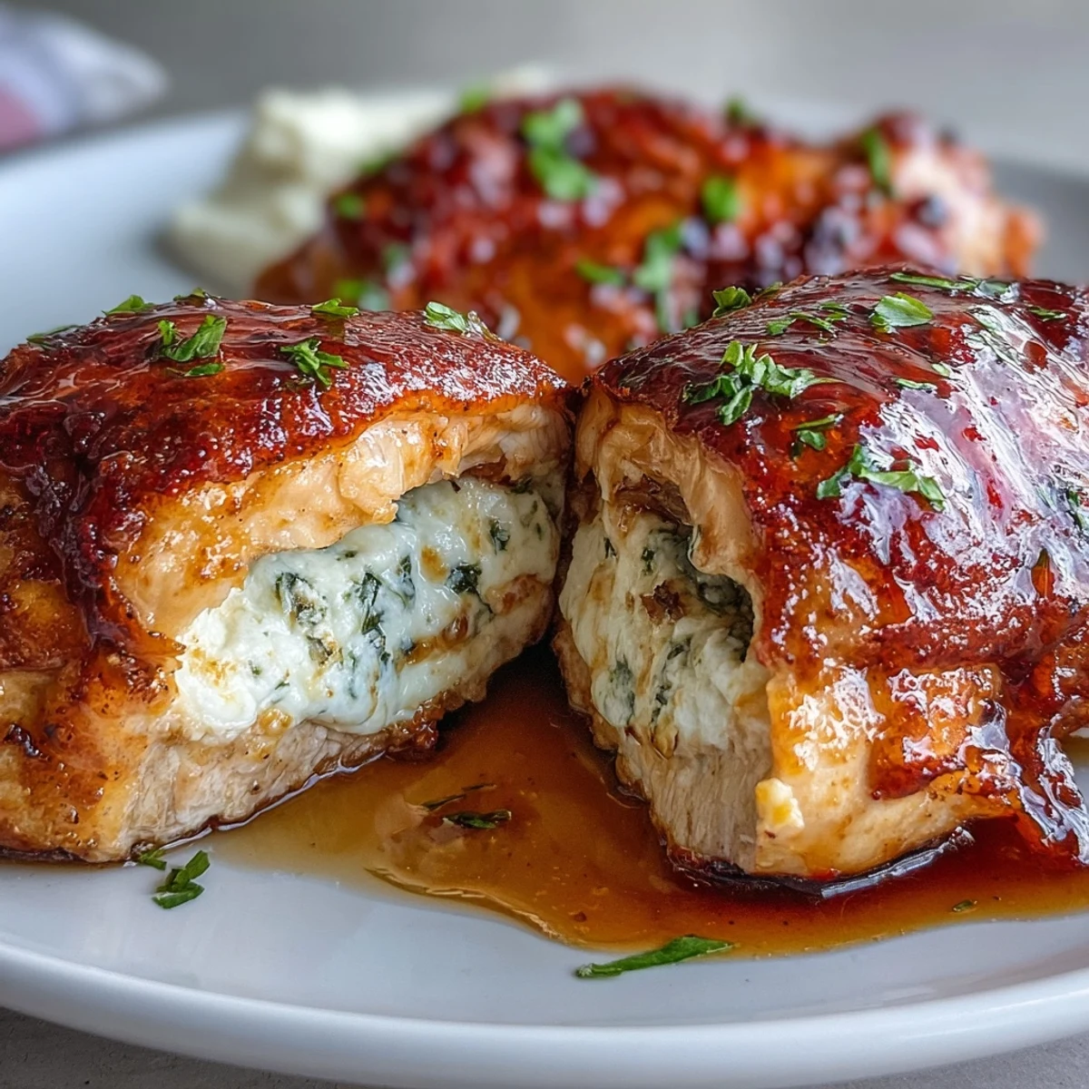 Sizzling Hot Honey Ricotta Stuffed Chicken just out of the oven, brushed with a glossy, spicy-sweet honey glaze and fresh herbs.
