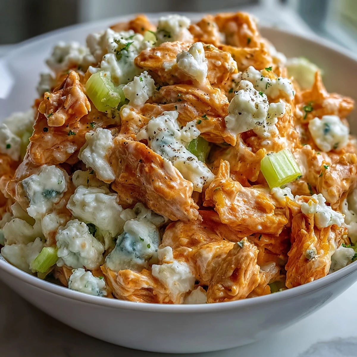 Hearty Buffalo Chicken Salad with Cottage Cheese is scooped onto a gluten-free cracker with a sprinkle of cheddar. 