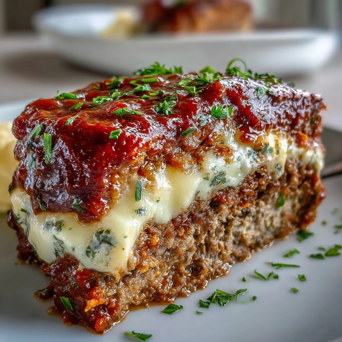 Italian Meatloaf with Mozzarella served alongside roasted vegetables on a ceramic plate, perfect for a cozy family dinner.