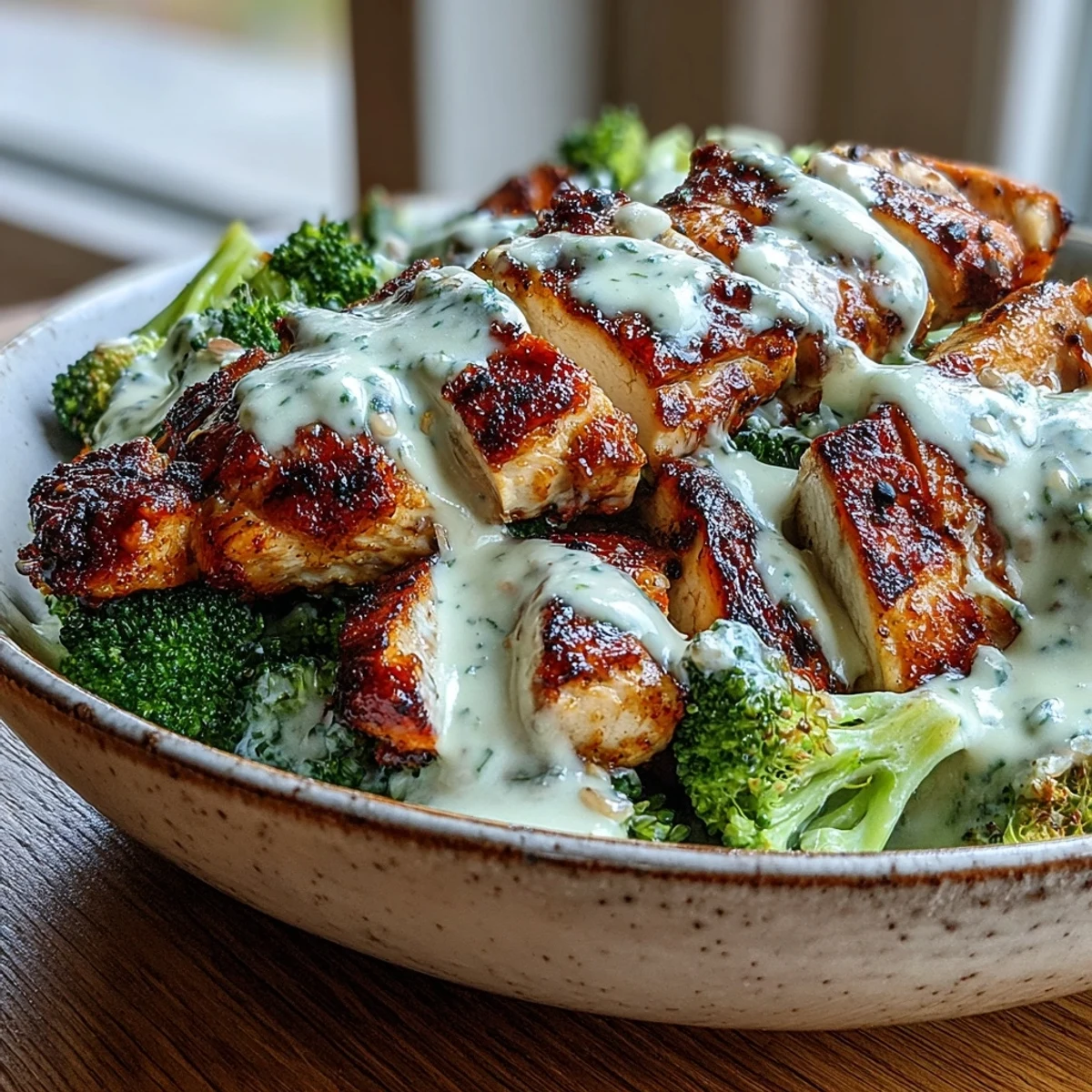 Perfectly grilled chicken and tender broccoli florets are topped with a rich, creamy garlic-Parmesan sauce in a keto bowl.