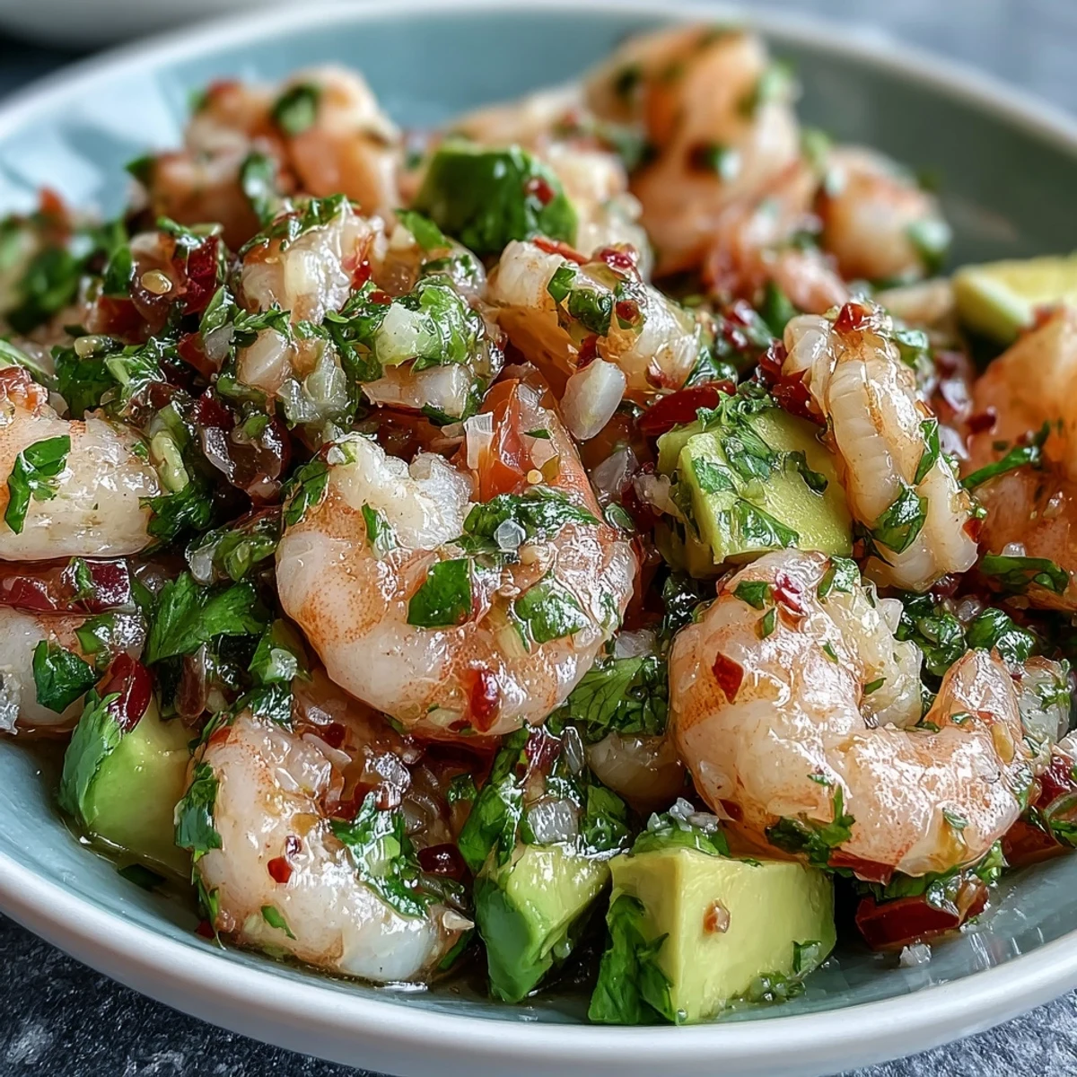 Colorful Chilli Lime Shrimp Ceviche featuring diced tomatoes, red onion, and fresh cilantro garnish.