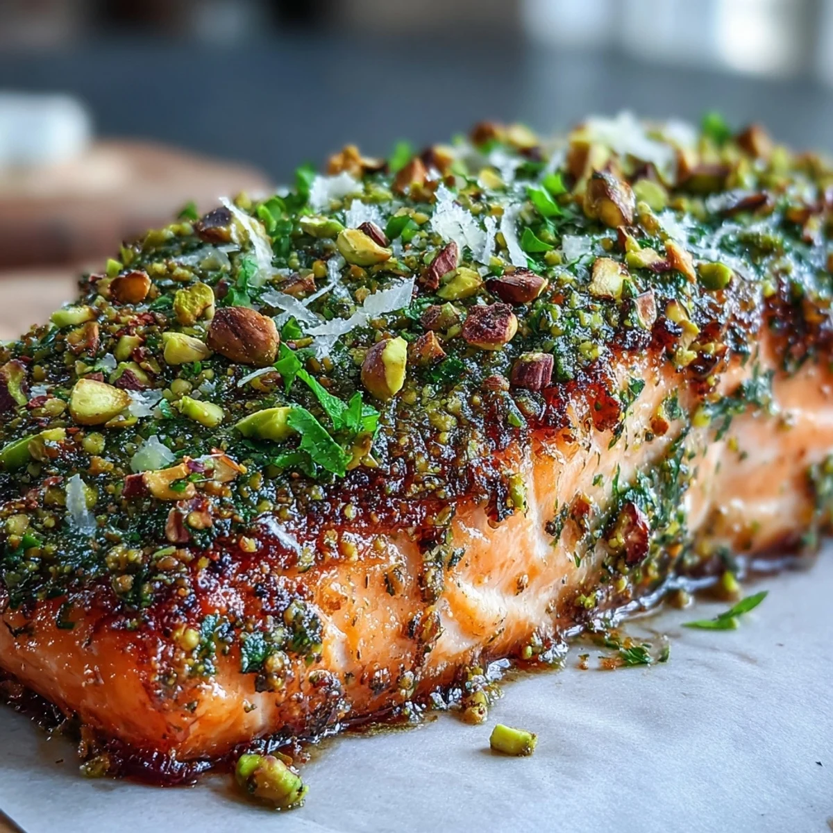 Pan-seared Pistachio-Crusted Salmon served alongside a fresh arugula salad for dinner.