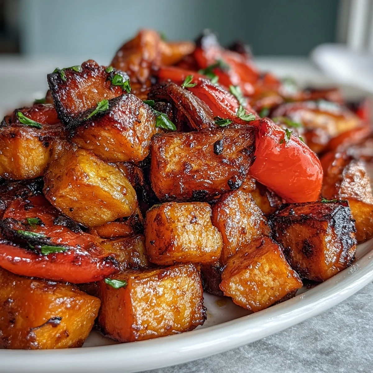 Roasted carrots, sweet potatoes, and broccoli tossed in a savory miso-butter glaze, fresh from the oven.