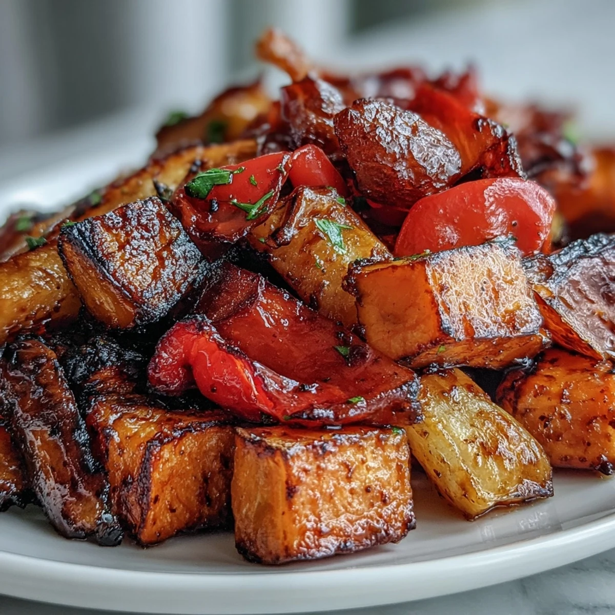 Miso-Butter Roasted Vegetables with caramelized edges and sesame seeds served warm on a platter.