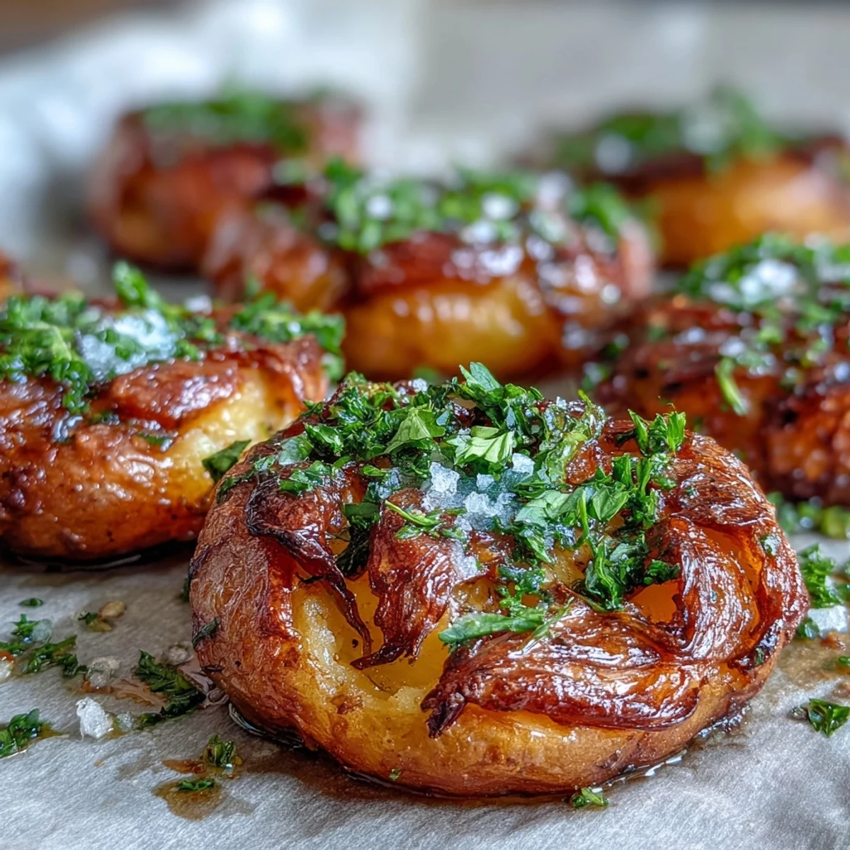 Golden, crispy smashed Garlic Potatoes flecked with sea salt on a rustic baking sheet.