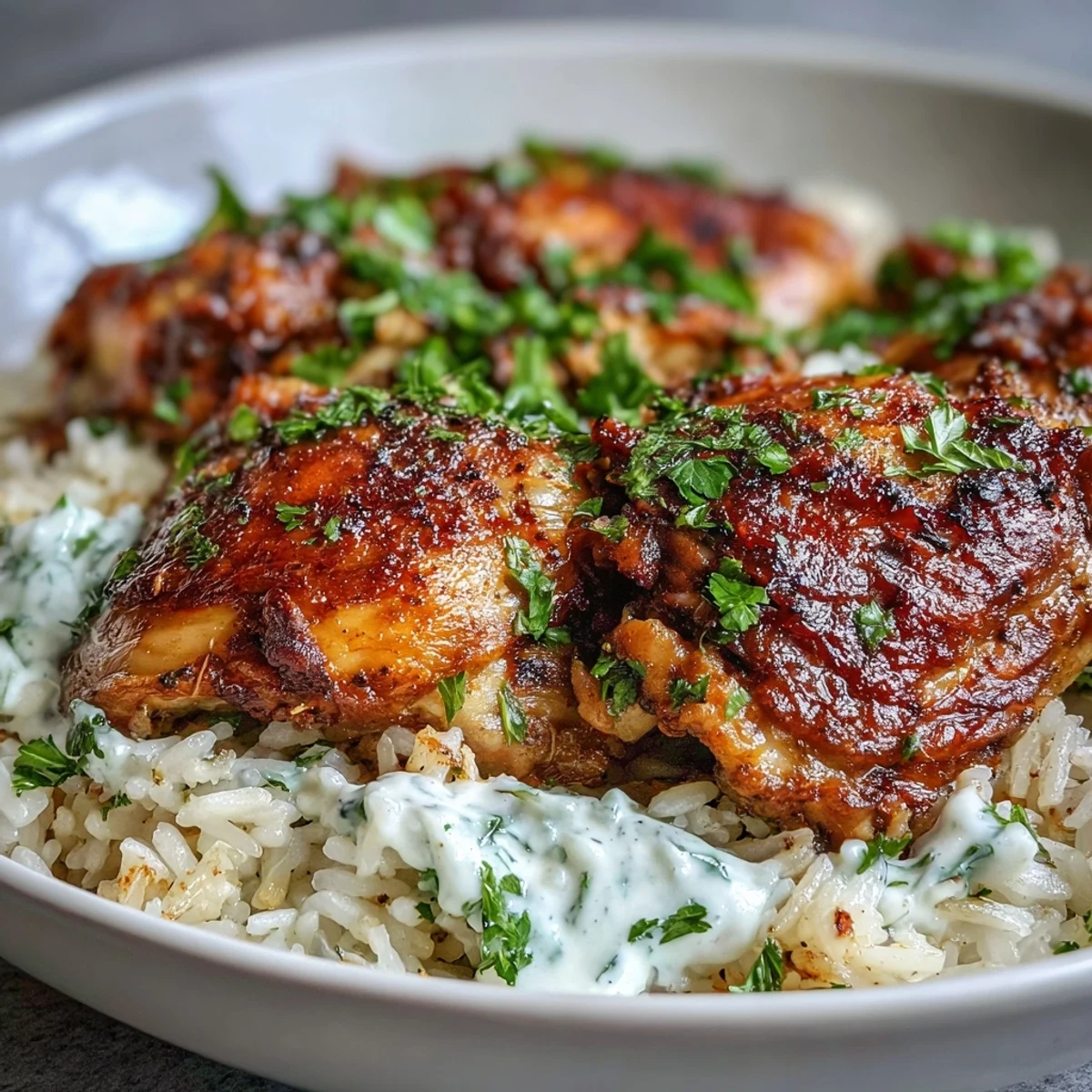 Sizzling One Pot Shawarma Chicken and Rice served with creamy yogurt drizzle over steamed rice and chicken thighs.