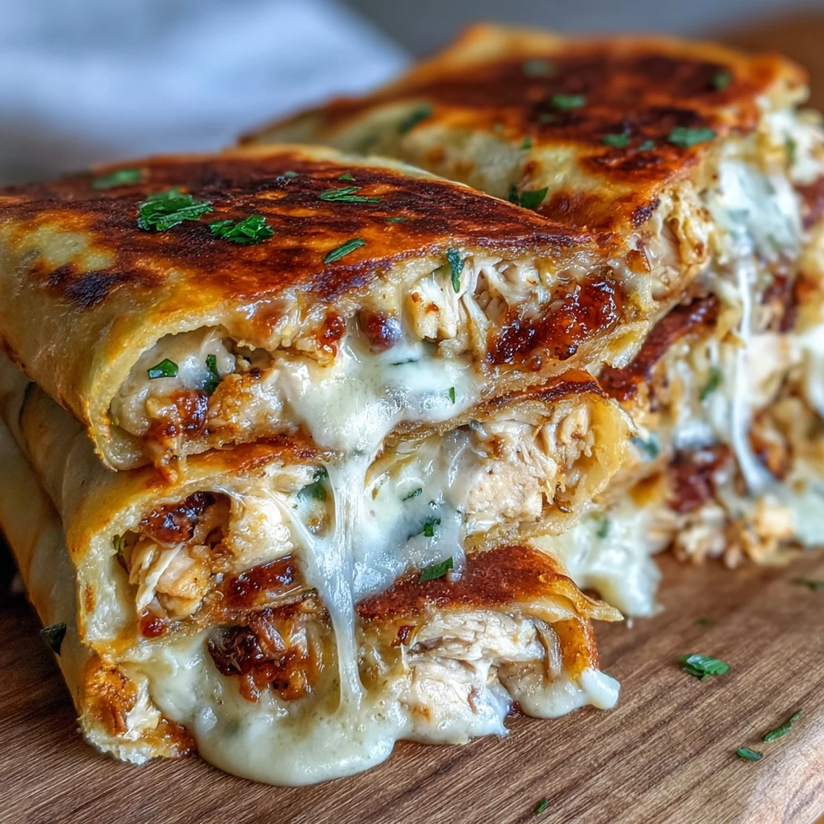 Golden-brown Low Carb Cheesy Garlic Chicken Wraps sit sliced open, revealing melted mozzarella and cheddar on tender shredded chicken.