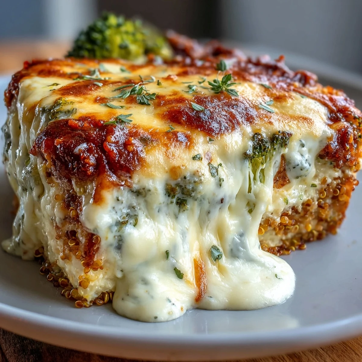 Golden-brown Broccoli Quinoa Casserole bubbling with melted cheddar and mozzarella, topped with fresh herbs in a white dish.