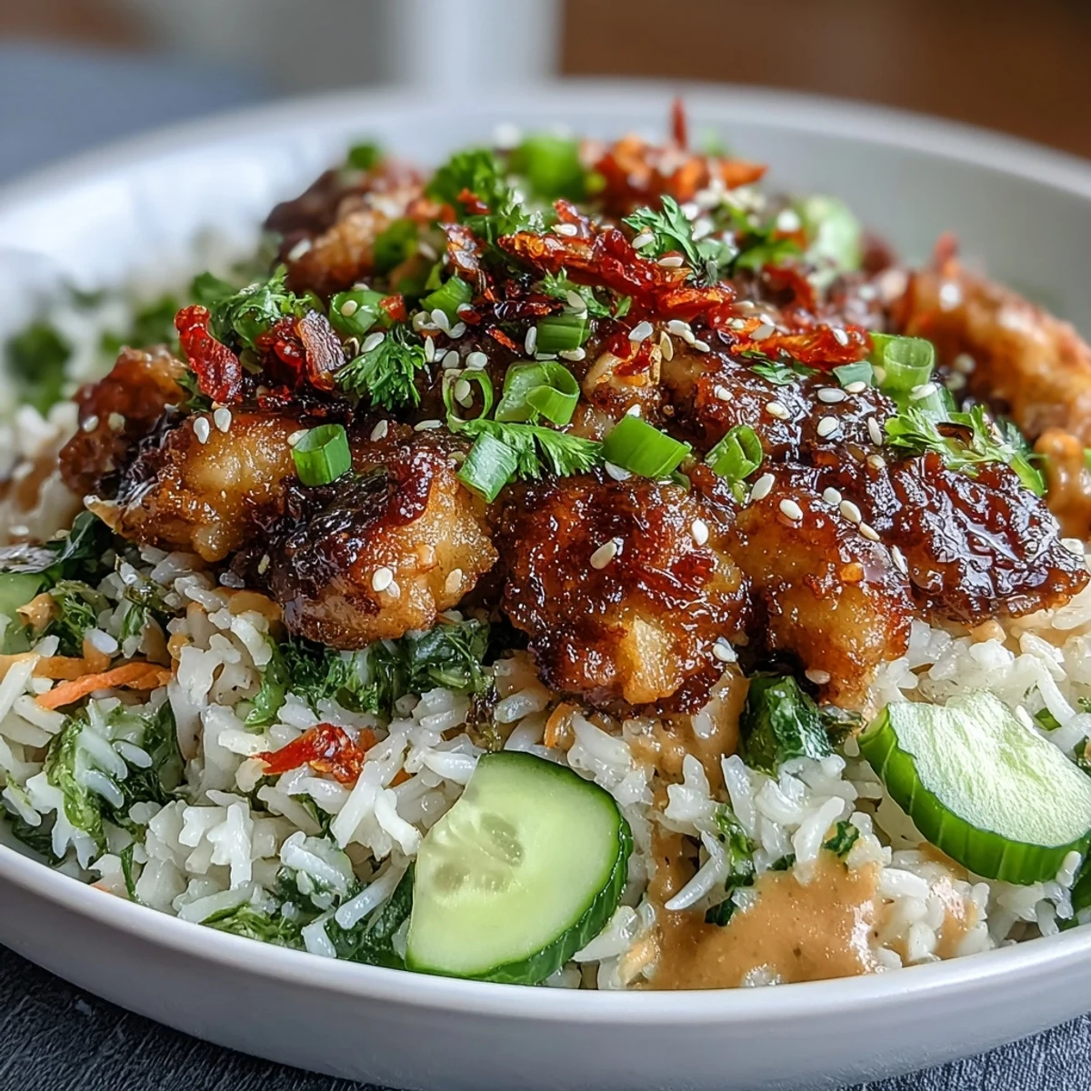 Golden crispy rice clusters mingle with colorful vegetables and toasted sesame seeds in a bowl.