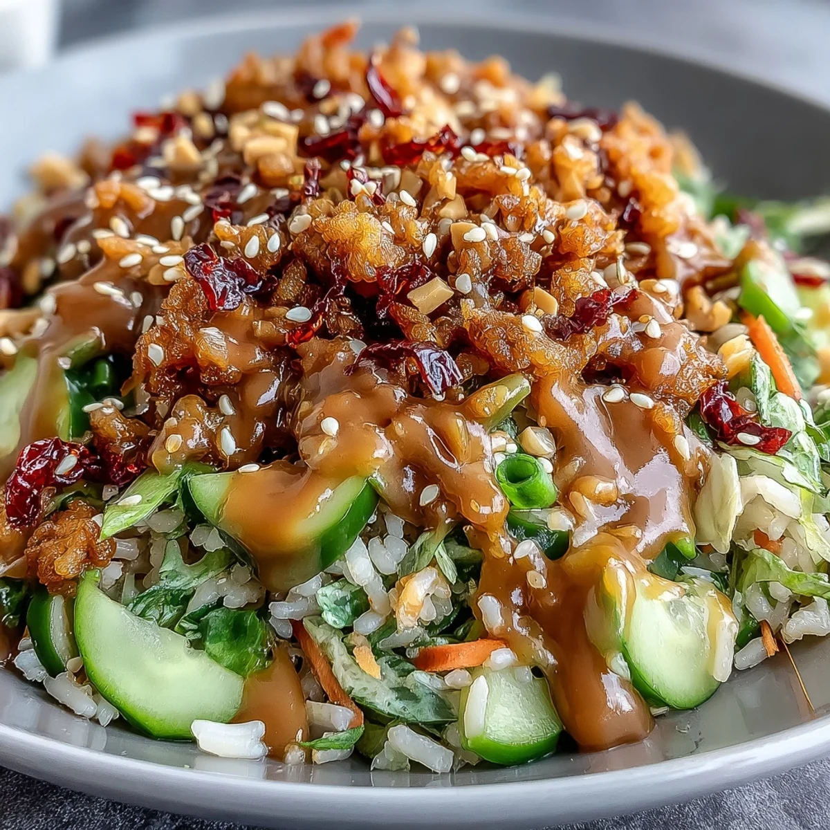 Quick Crispy Rice Salad with Peanut Sesame Dressing tossed with fresh veggies for a crunchy lunch.