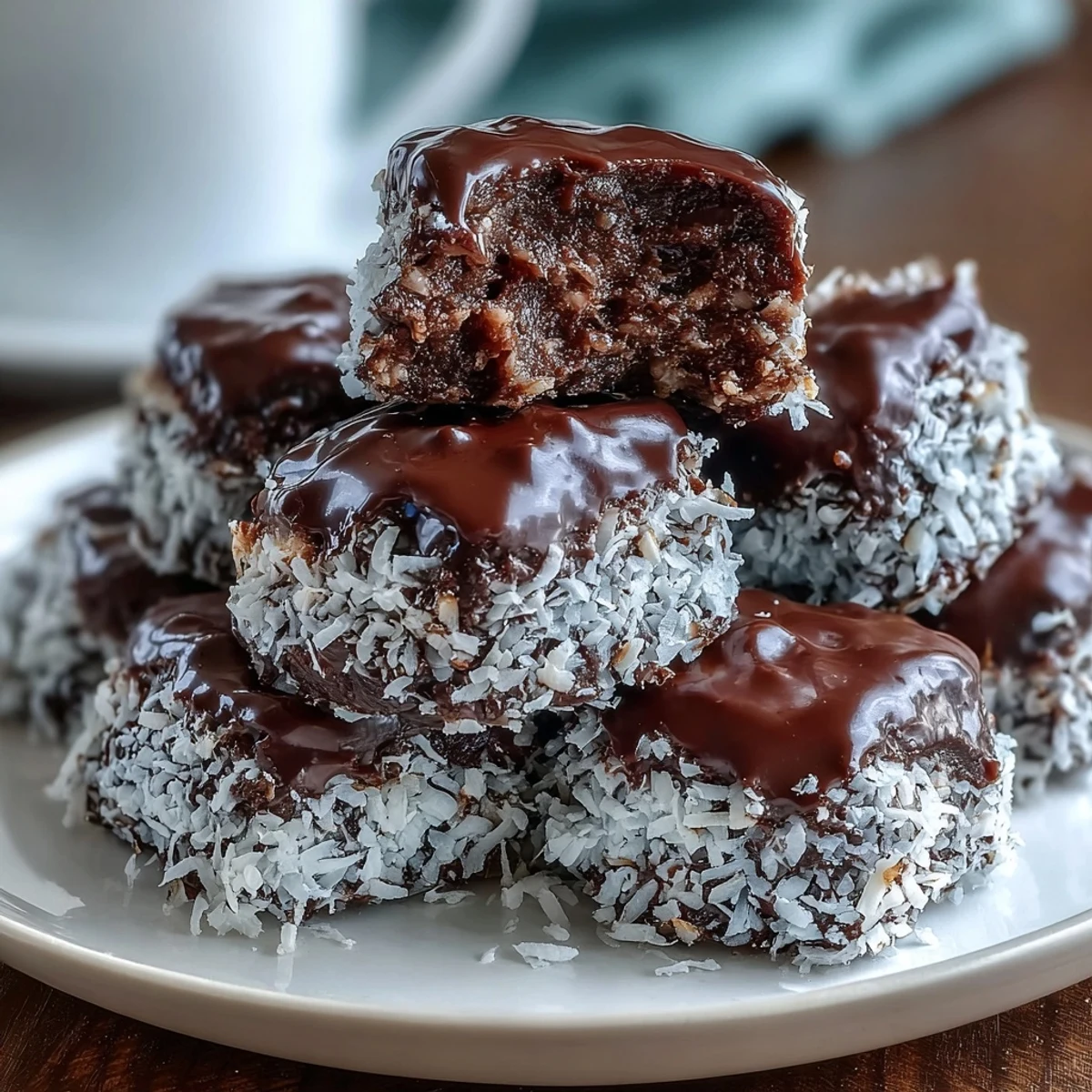 Freshly dipped Healthy Chocolate Coconut Bites with a rich dark chocolate shell on a rustic wooden board.