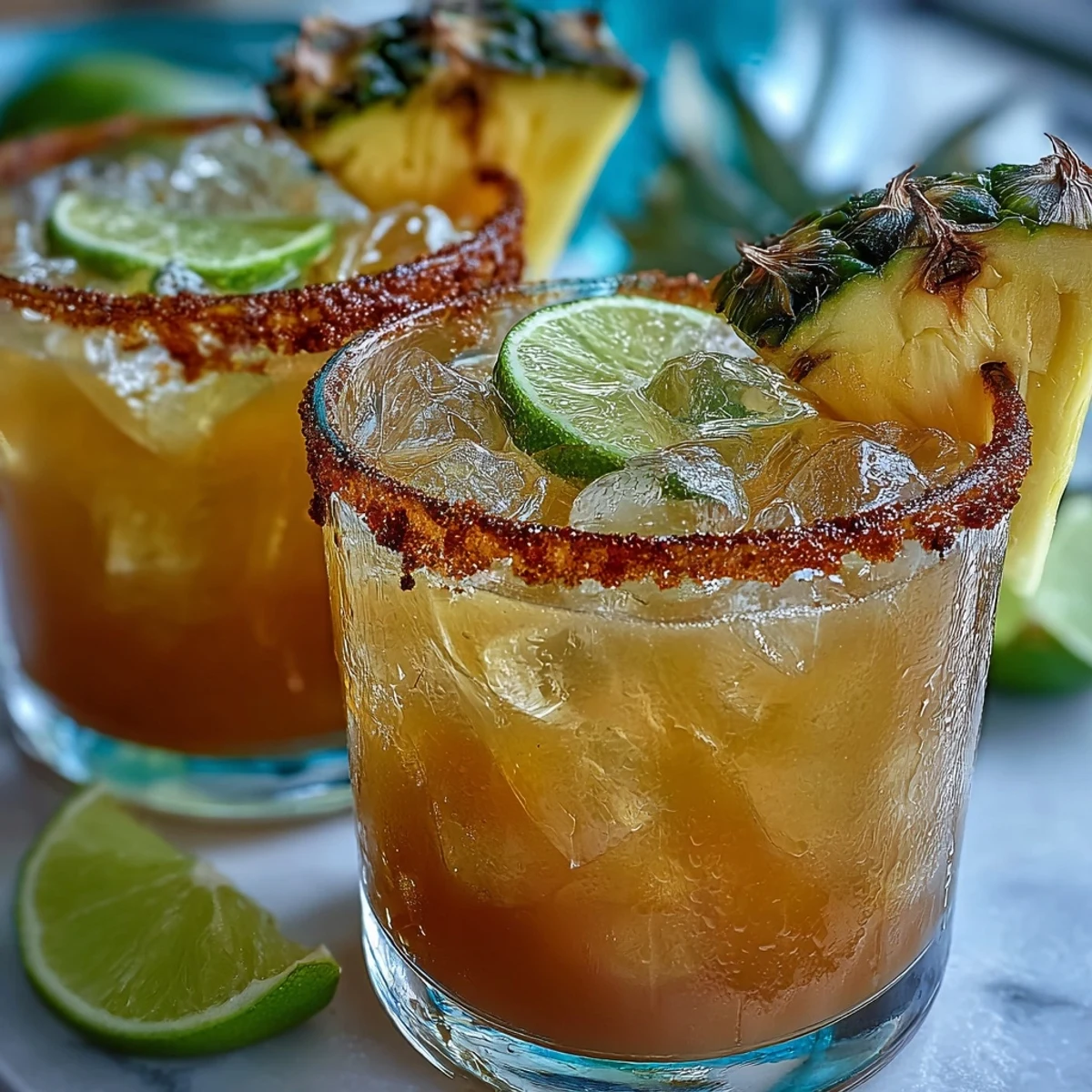 Homemade Pineapple Margarita Mocktail with lime and pineapple garnishes, perfect for a festive, alcohol-free party drink.