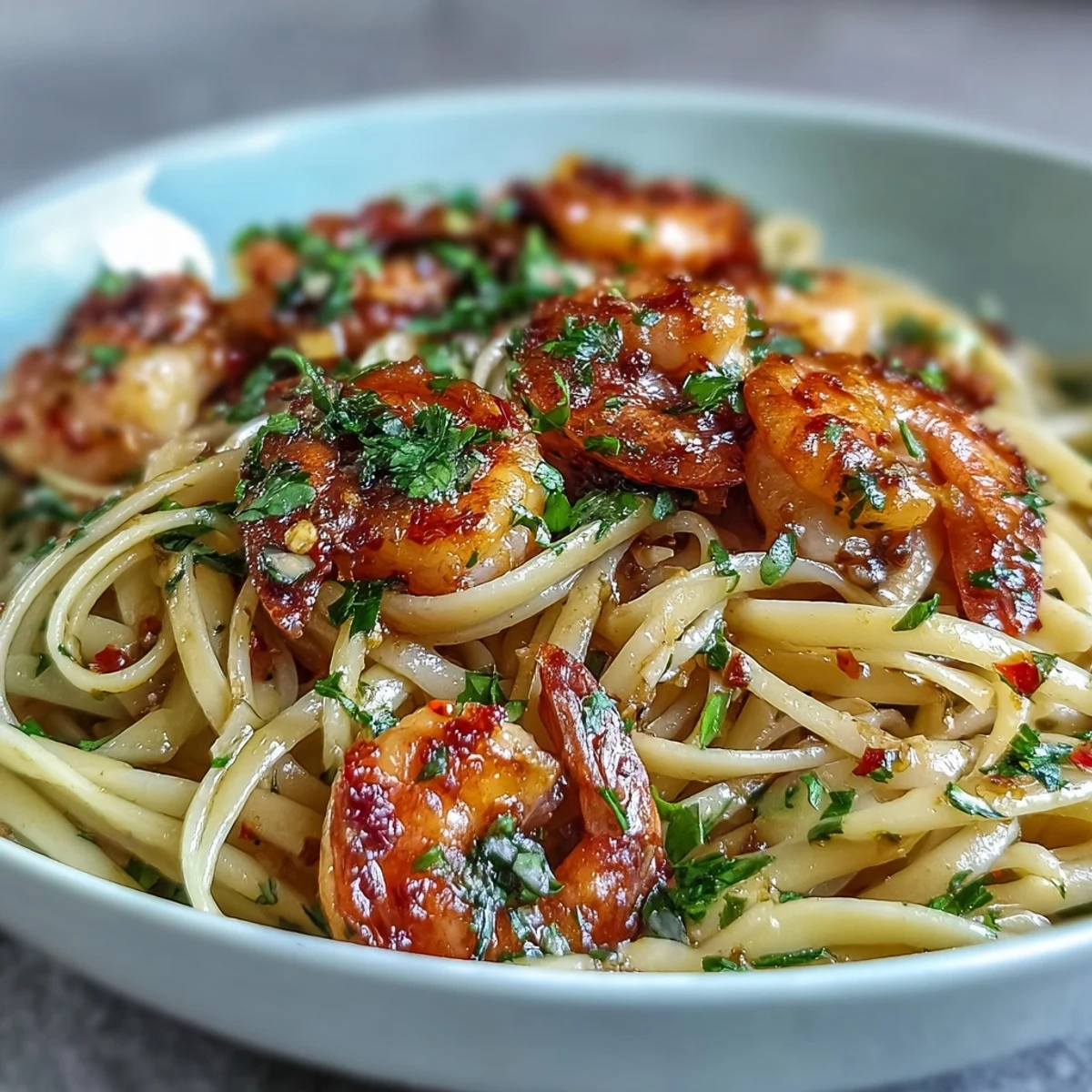 Serving Chilli-Garlic Shrimp Linguine with a glass of white wine on a rustic table.