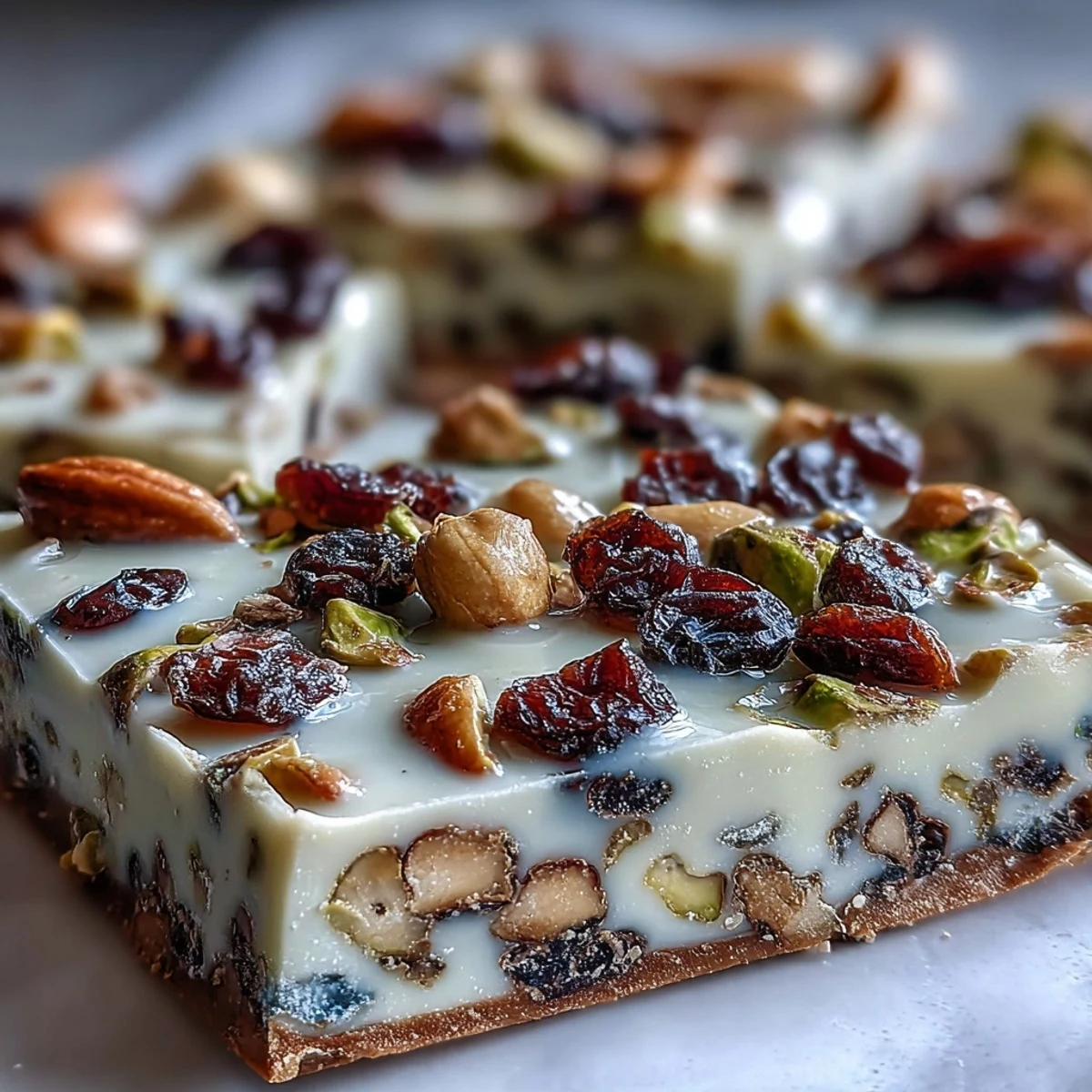 Glossy squares of Pistachio White Chocolate Bark studded with vibrant dried cranberries and apricots on a rustic wooden board.