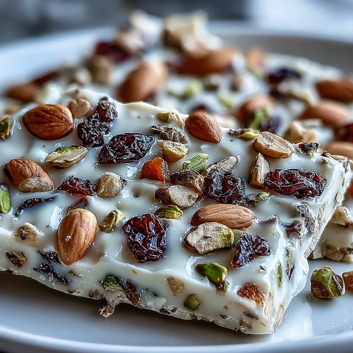 A close-up of Pistachio White Chocolate Bark showcasing crunchy pistachios and chewy fruit pieces on a marble countertop.
