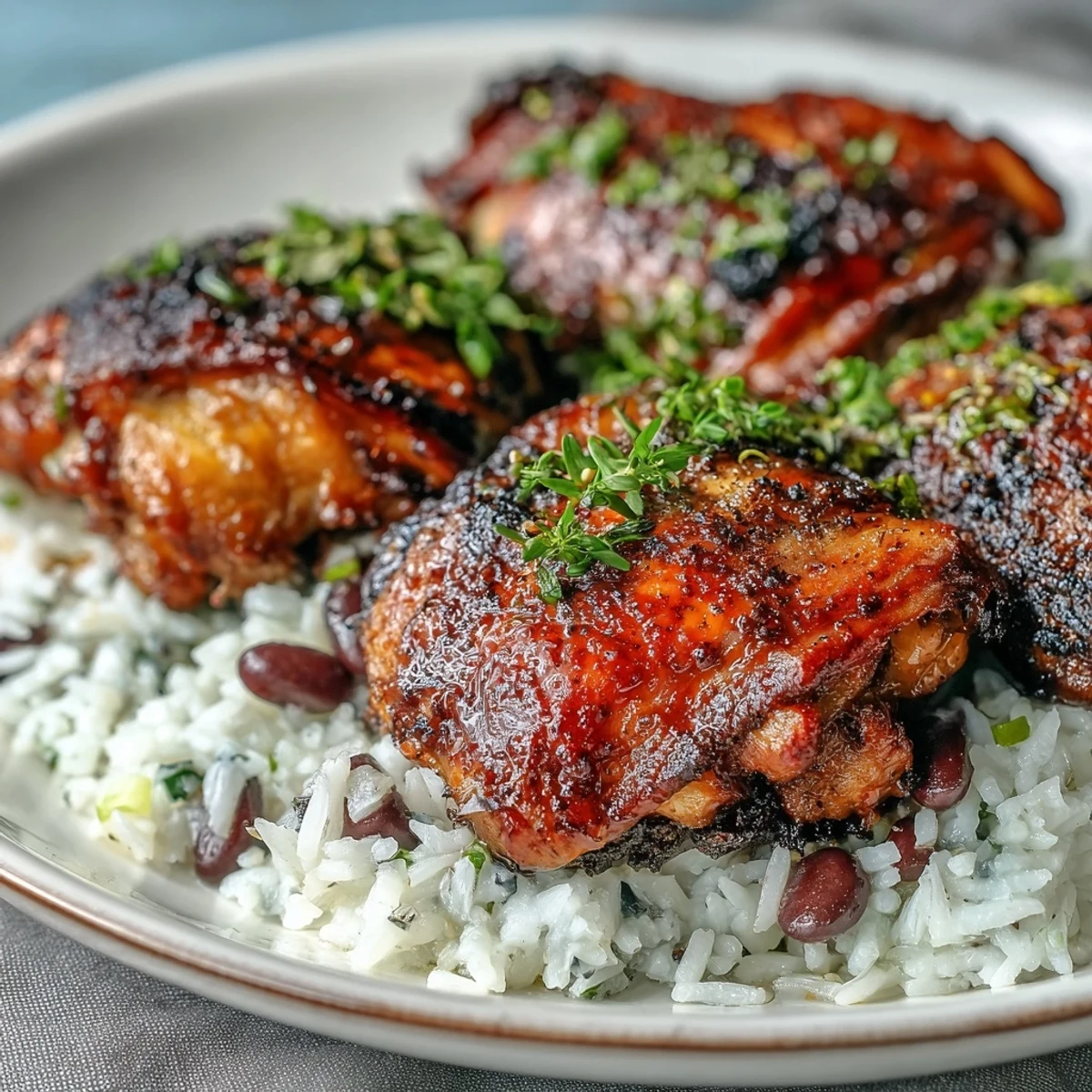 A close-up of roasted jerk chicken with crispy skin and aromatic spices served alongside creamy Jamaican rice and peas.