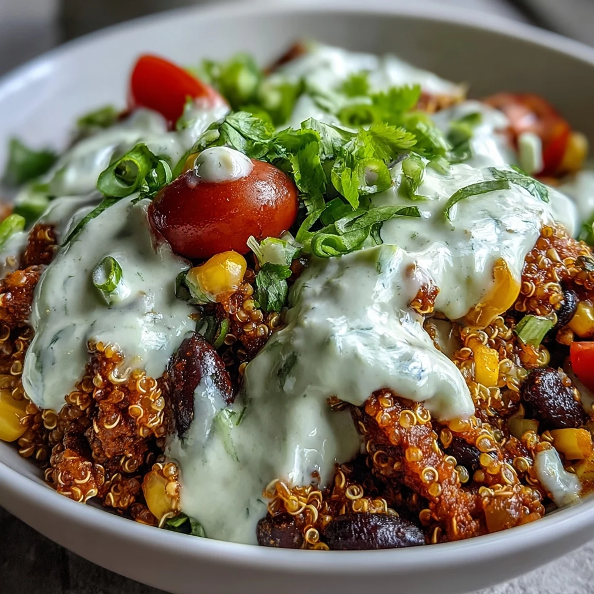 One-Pot Lentil Taco Meat Quinoa Bowls with Avocado Lime Crema are served warm with fresh corn and tomatoes.