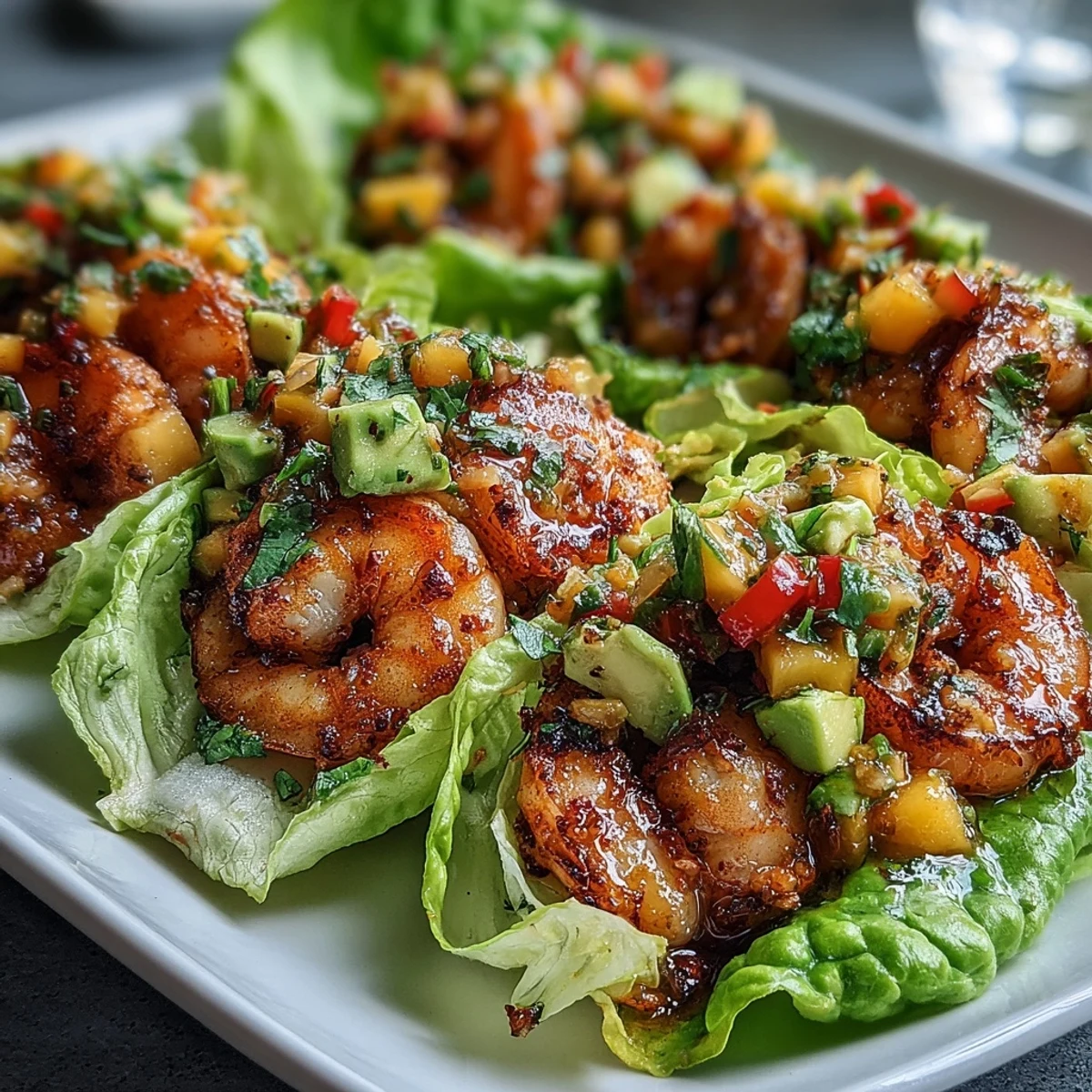 Plump, seasoned shrimp nestled inside crisp butter lettuce cups with vibrant mango salsa and lime.