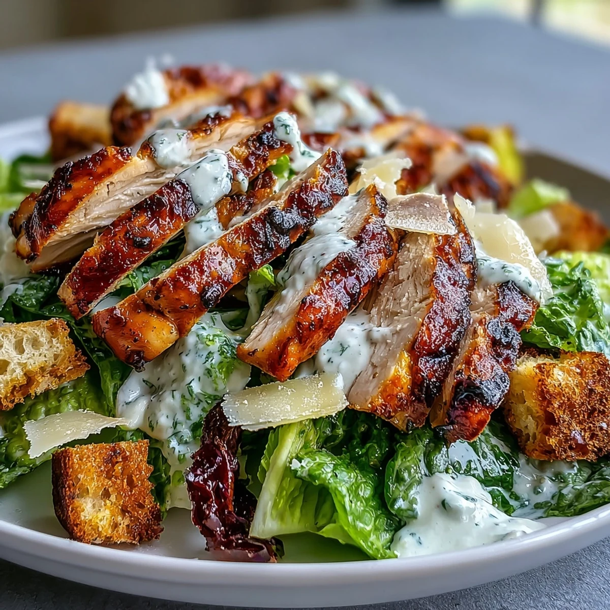 Served chilled, this protein-packed Caesar salad features shaved Parmesan and a light lemony finish.