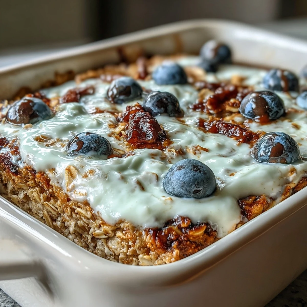 A plated slice of Clean Breakfast Blueberry Oatmeal Bake with Greek Yogurt Swirl topped with fresh blueberries and walnuts.