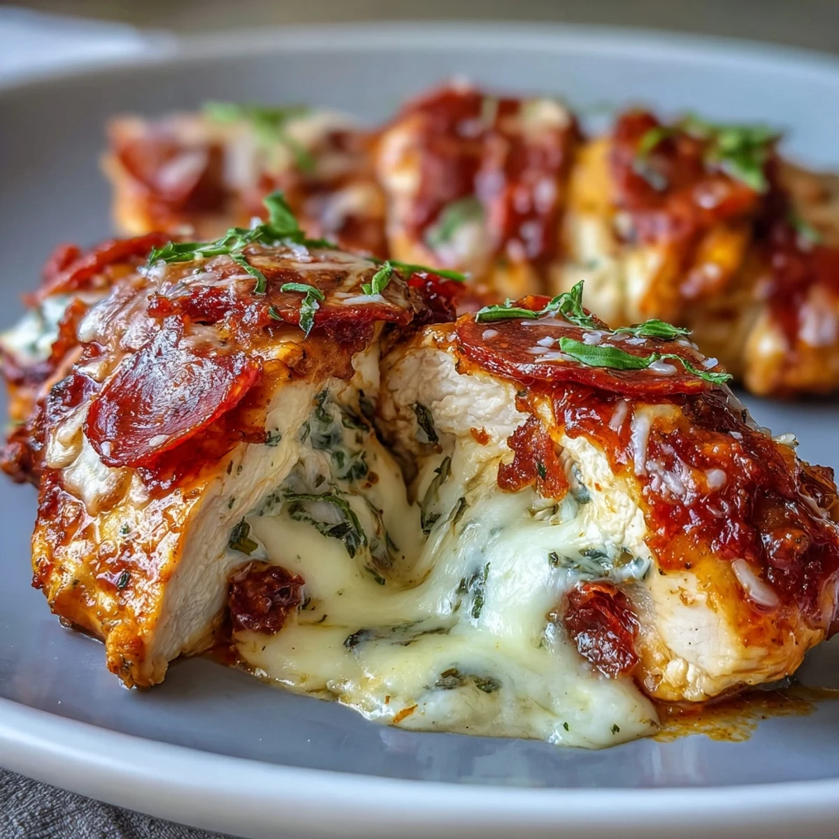 A close-up of a stuffed chicken breast sliced open, revealing gooey cheese and rich marinara.