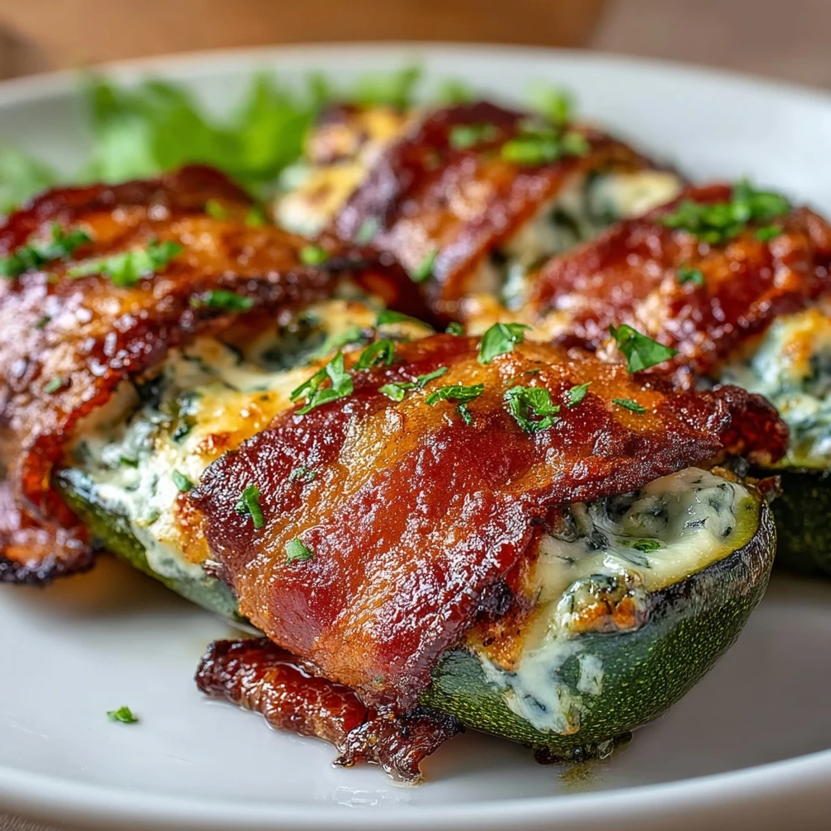Golden-brown Keto Bacon-Wrapped Zucchini Boats with Cheesy Herb Filling served on a rustic wooden board.
