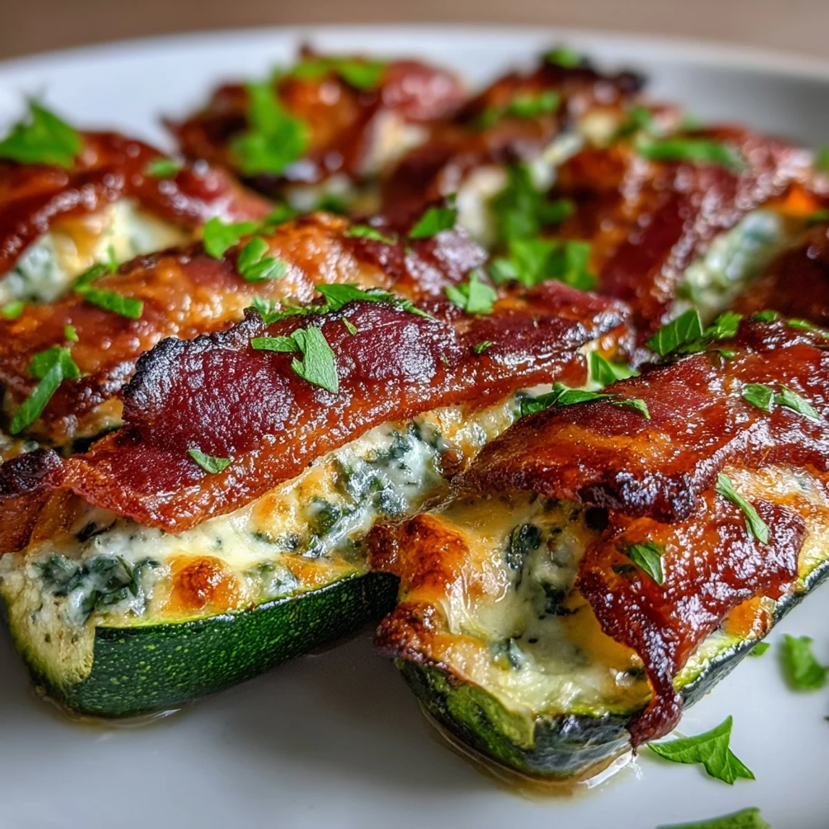 Close-up of Keto Bacon-Wrapped Zucchini Boats with Cheesy Herb Filling showing melted cheese and crispy bacon.